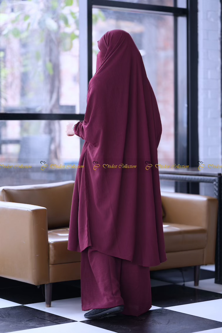 French Cut Unjila Jilbab - Modest Muslim Prayer Dress for Women | No Niqab Berry Color | Perfect for Prayer, Mosque & Everyday Wear