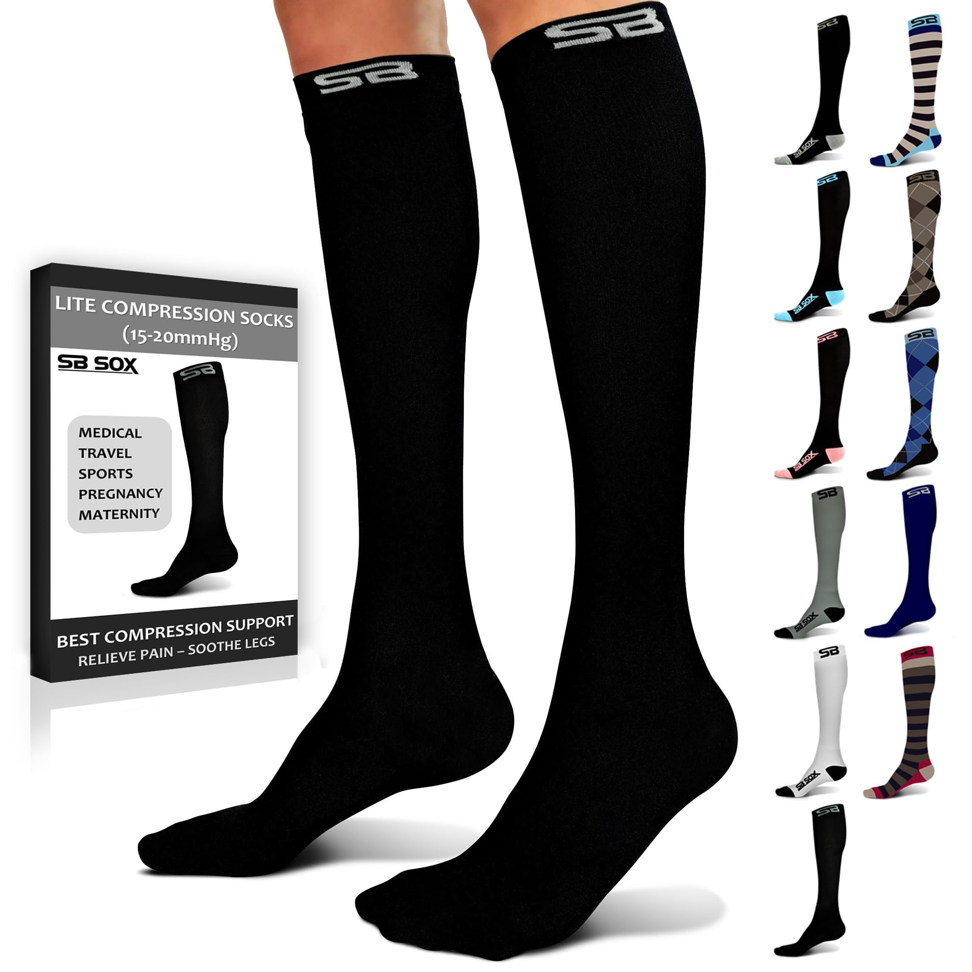 SB SOX Lite 15-20mmHg Compression Socks for Men & Women - Best Graduated Compression Socks for Running, Travel, Nurses & Daily Wear - Breathable & Comfortable Support Socks (XXL Sizes Available) - Perfect for Long Flights, Workouts & Standing All Day
