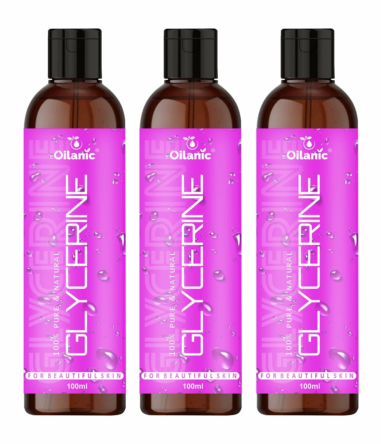 Oilanic Premium Glycerine for Skin & Hair Care - 3 Pack (100ml Each, Total 300ml) - Hydrating Moisturizer for Men & Women - Perfect for Dry Skin, Face, Body & Hair Treatment