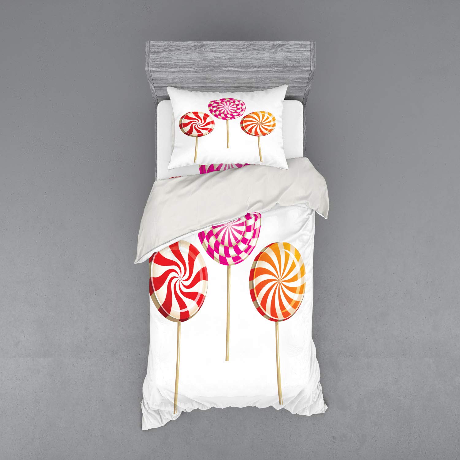 Ambesonne Colorful 3-Piece Twin Size Bedding Set - Realistic Sugary Treats & Lollipop Print Duvet Cover with Sham & Fitted Sheet, Soft Microfiber Comforter Set for Kids & Teens Room Decor - Perfect for Birthday Gifts, Dorm Room Essentials & Sweet Dreams Bedroom Theme