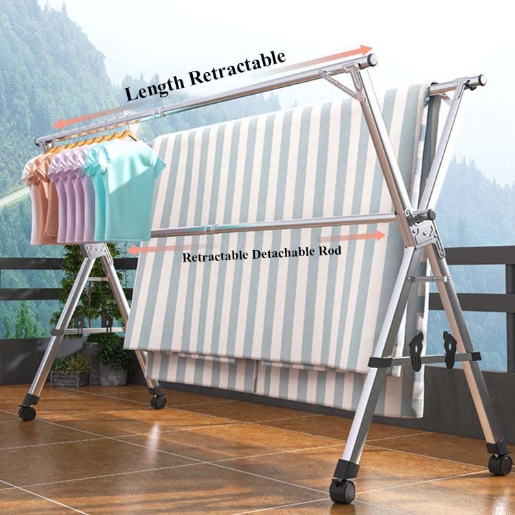 Foldable Stainless Steel Clothes Drying Rack with Wheels - Adjustable 150cm/59in Laundry Hanger for Clothes, Towels & Linens | Space Saving Collapsible Garment Rack for Small Apartments, Balconies & Laundry Rooms