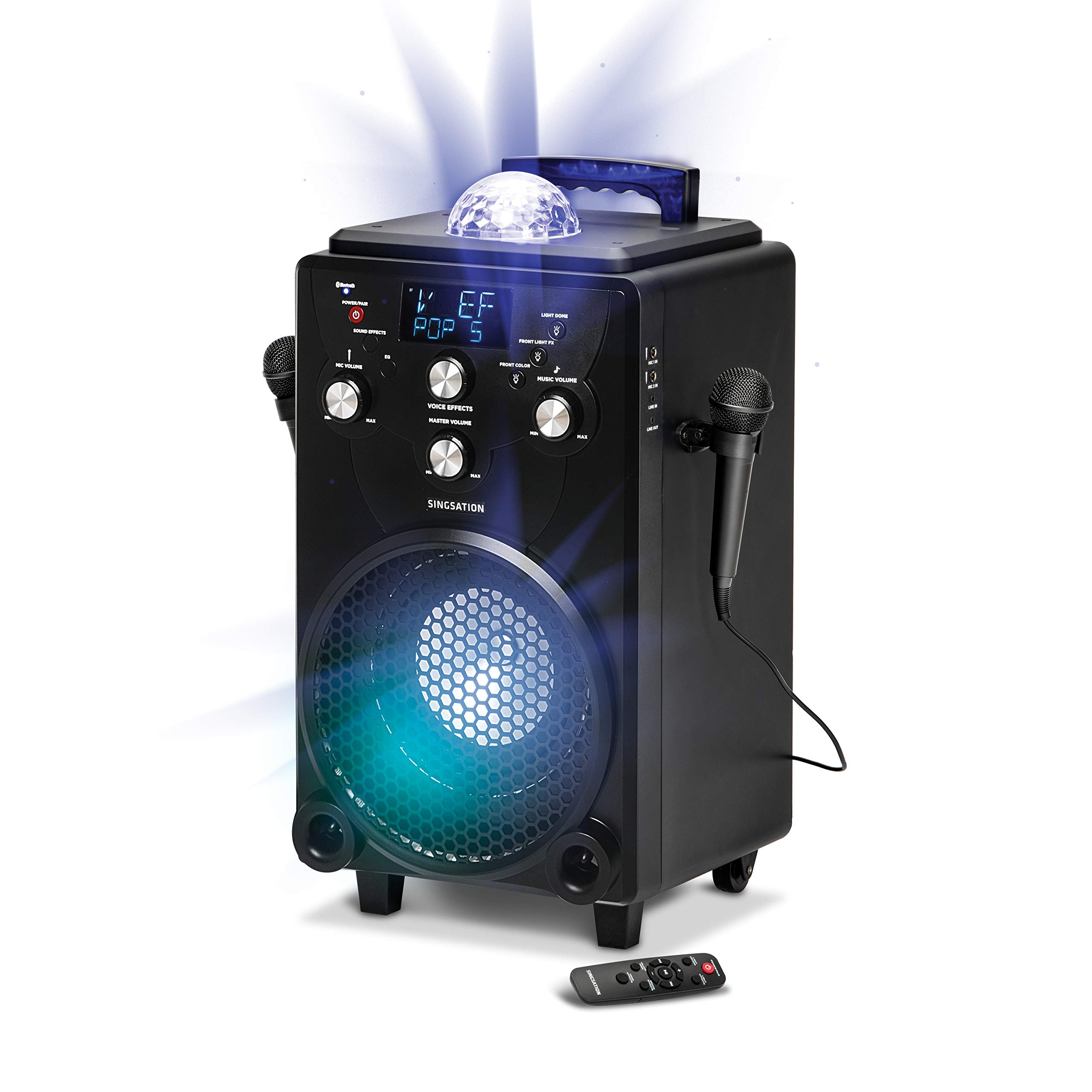 Singsation Professional Karaoke Machine - Portable Bluetooth Karaoke System with 60 Voice Effects, 10 Sound Modes, 25 LED Light Show, 2 Wireless Mics (Black) - Perfect for Home Parties, Family Gatherings & Professional Performances