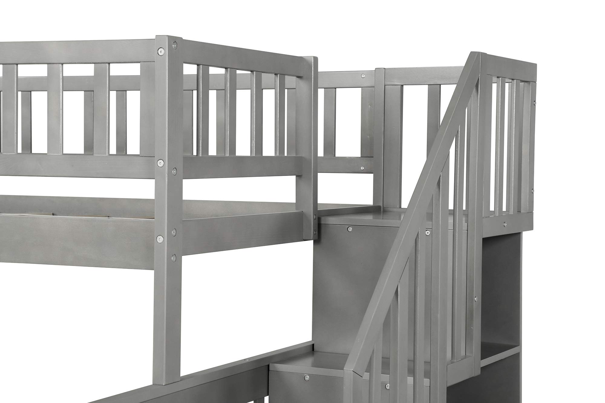 Twin Over Full Bunk Bed Frame for Kids - Solid Wood Bunk Beds with Storage, Safety Rail & Stair Loft in Grey | Space-Saving Kids Bedroom Furniture for Siblings or Sleepovers