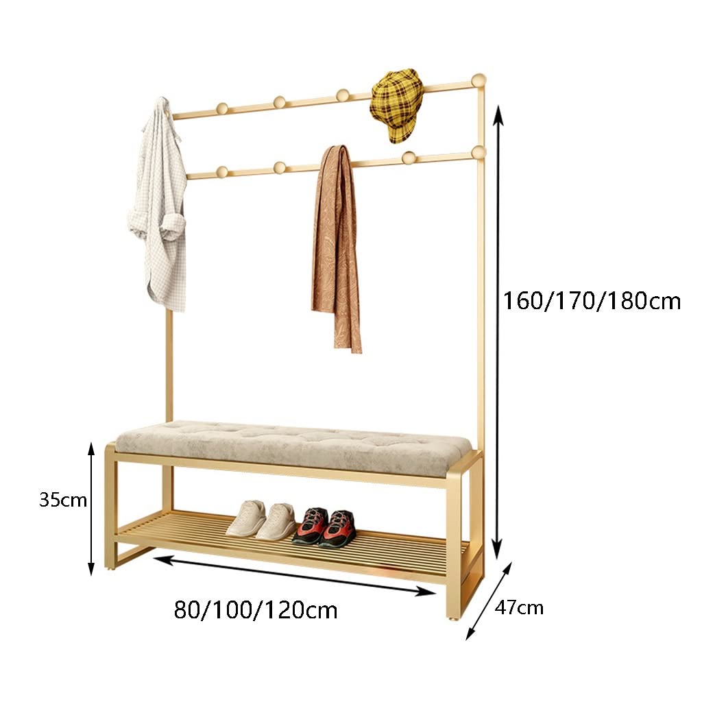 3-in-1 Hall Tree Coat Rack with Shoe Bench & Storage Shelf - Heavy Duty MDF Entryway Organizer with Metal Hooks - Gold Grey Entryway Furniture (80x47x160cm) for Hallway, Bedroom, Dorm & Small Space Organization