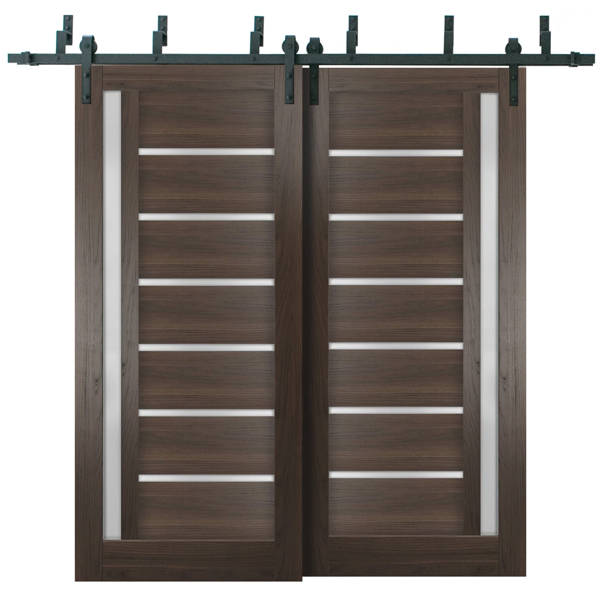 SARTODOORS 48x84 Inch Frosted Glass Sliding Barn Closet Doors - Quadro 4088 Chocolate Ash Finish with 6.6ft Heavy Duty Top Mount Rails Hardware Set | Solid Wood Bedroom Wardrobe Doors for Modern Home & Office Storage Solutions