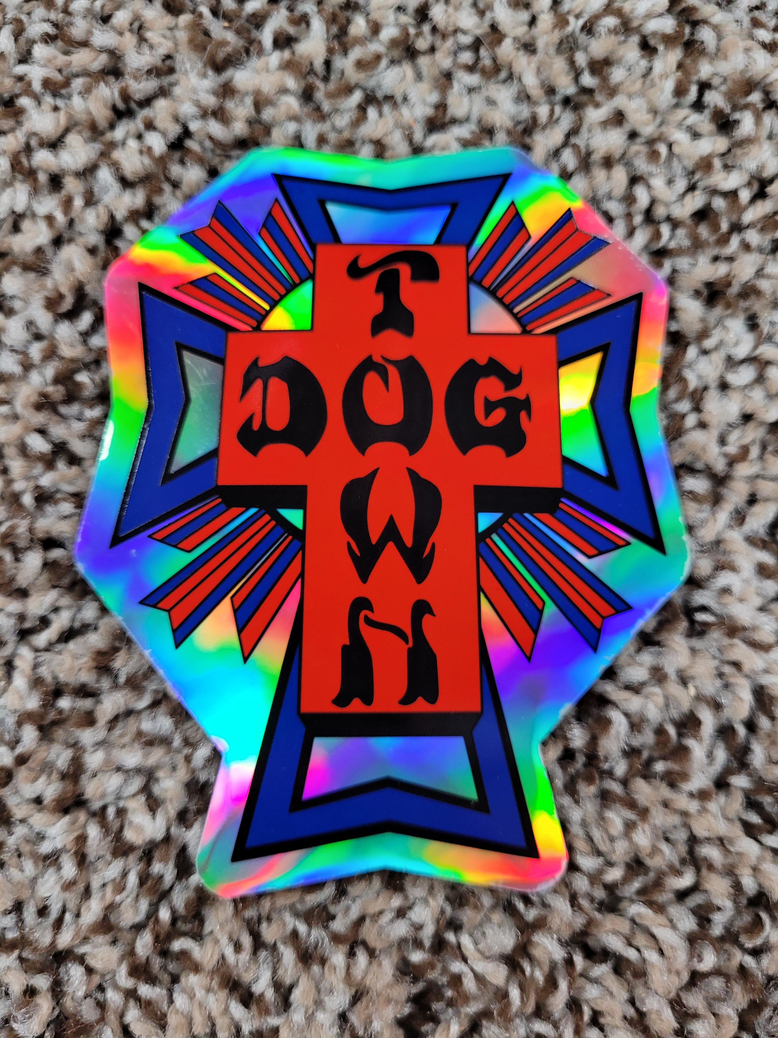 Dogtown Cross Sticker - Red & Blue Foil Decal for Cars, Laptops, and DIY Crafts | Religious & Patriotic Decor