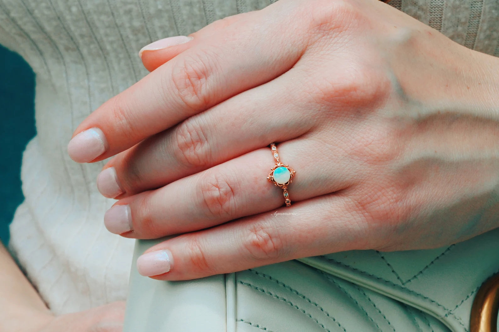 Natural Australian Opal Ring 14K Rose Gold Vermeil - Elegant Handmade Jewelry for Women, Perfect for Weddings, Anniversaries & Special Occasions