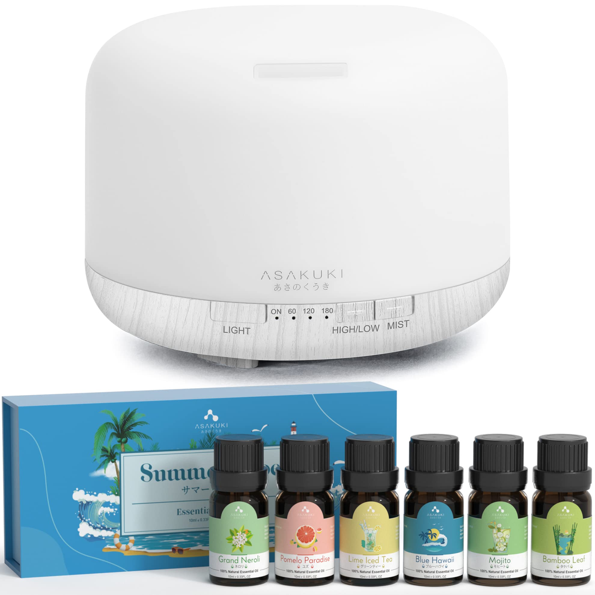 ASAKUKI 500ml Essential Oil Diffuser with Remote Control - Aromatherapy Diffuser for Home, Office, Yoga & Spa - Large Ultrasonic Humidifier with 7 LED Lights & Auto Shut-Off - Includes 6 Premium Essential Oils Blends for Relaxation & Stress Relief