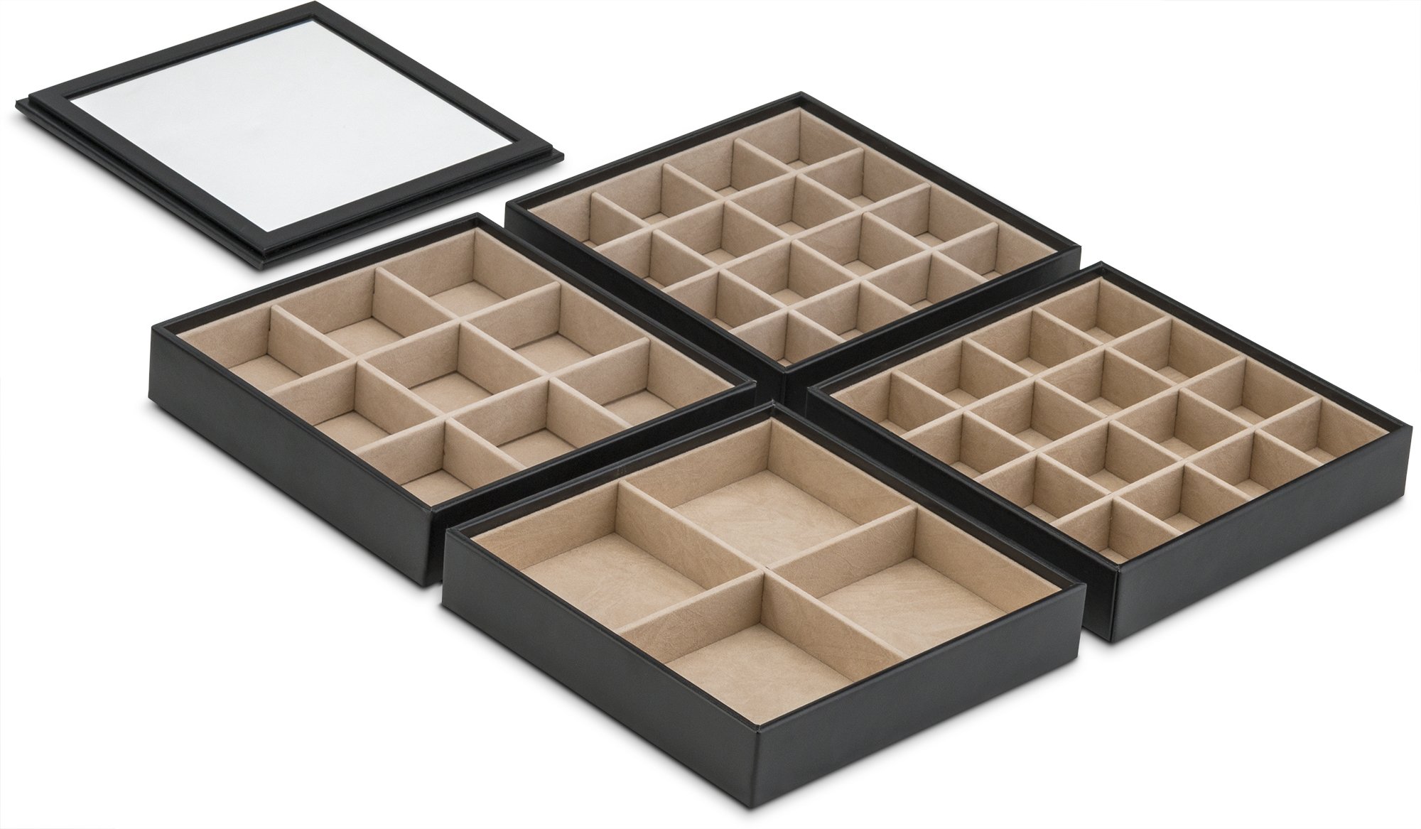 Stackable Jewelry Organizer Tray with Lid - 45 Slot Earring Holder & Necklace Display Case - Large Mirror Dresser Storage for Rings, Earrings (Black) - Perfect for Bedroom Vanity & Travel Jewelry Organization