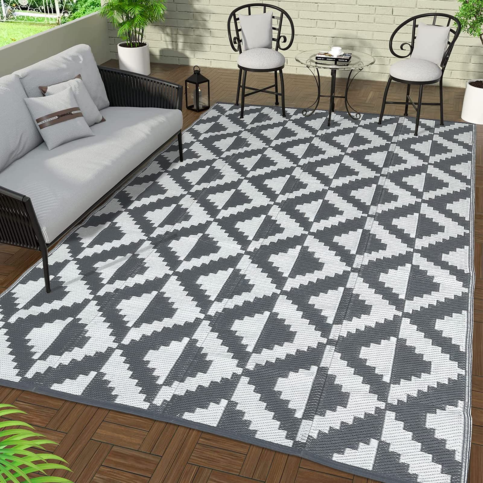 5'x8' Waterproof Reversible Indoor Outdoor Rug - Durable Plastic Straw Mat for Patio, Deck, RV, Camping & Beach | Easy to Clean & Portable | Perfect for Picnics, Porch Decor & Outdoor Gatherings (Gray, Rug002#)