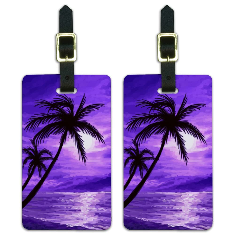Hawaii-Themed Luggage ID Tags - Set of 2 with Purple Sunset Beach Palm Tree Design | Perfect for Travel, Vacation & Suitcase Identification