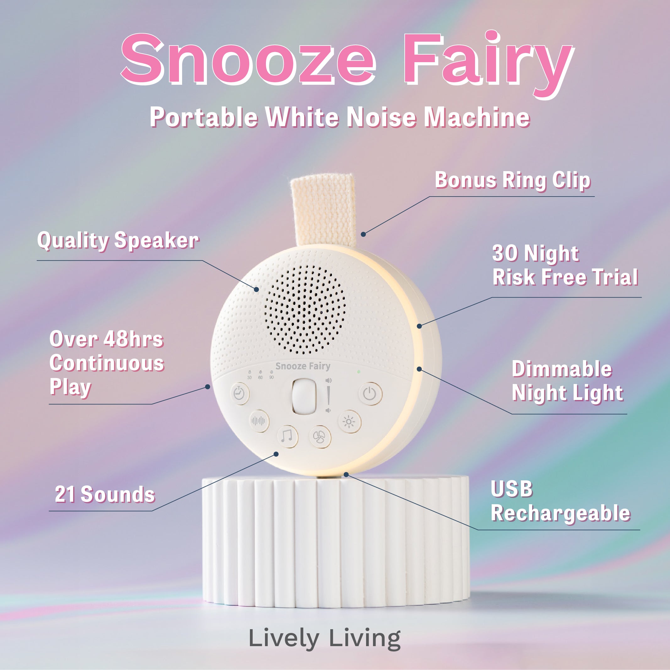 Snooze Fairy Portable White Noise Machine for Sleeping, Travel & Baby - Soothing Natural Sounds for Relaxation, Meditation & Nursery - USB Rechargeable Sleep Aid Device
