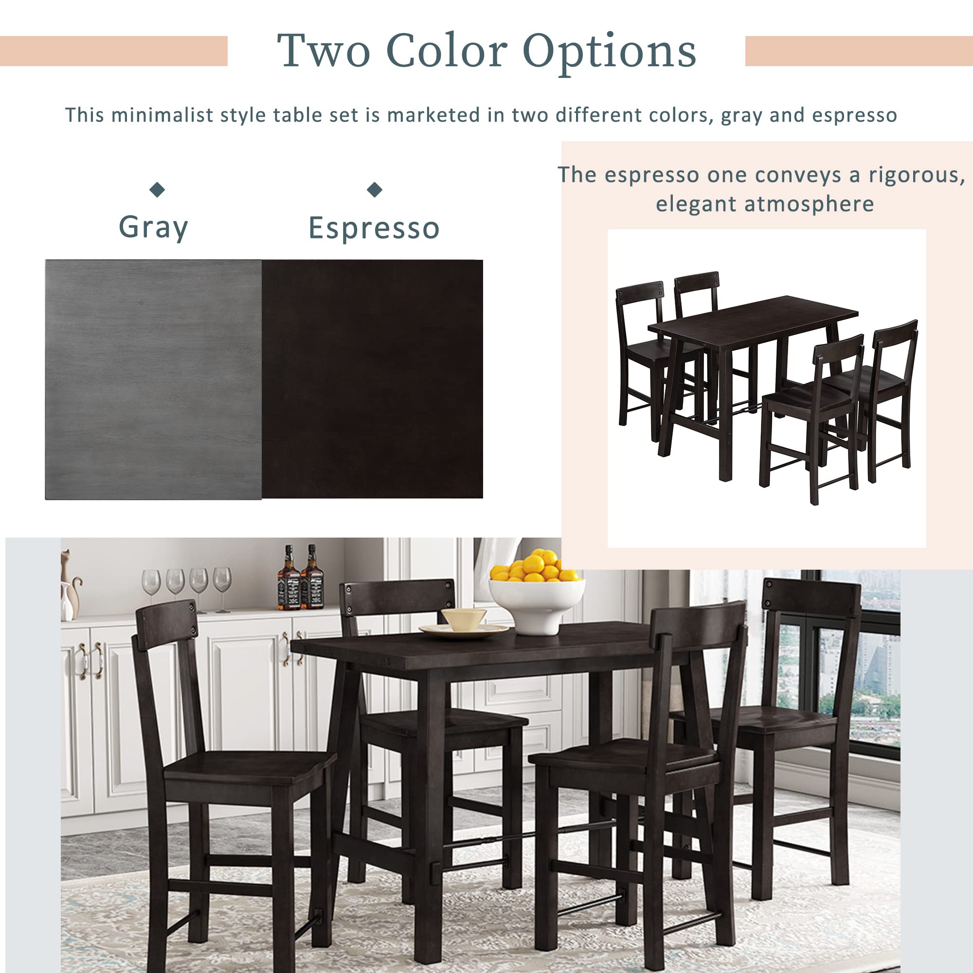 Farmhouse 5-Piece Counter Height Dining Set - Industrial Solid Wood & Metal Kitchen Table with 4 High Back Chairs - Space Saving Design (Espresso) - Perfect for Small Kitchens, Breakfast Nooks & Modern Farmhouse Dining Rooms