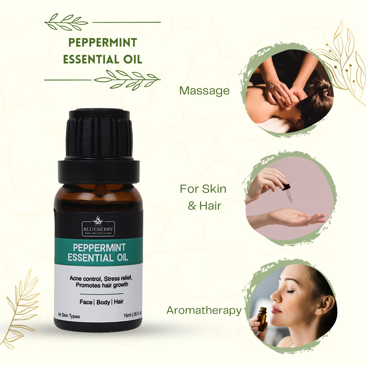 Organic Peppermint Essential Oil for Skin & Hair - 100% Pure Natural Aromatherapy Oil - 15ml Bottle for Relaxation, Stress Relief & DIY Beauty Products