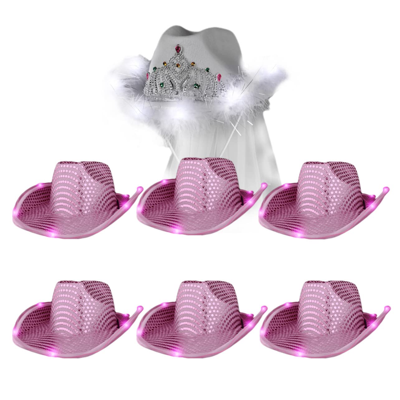 7-Piece Bachelorette Party Cowboy Hat Set - Light Up Pink Sequin & White Tiara Cowgirl Hats with Veil | Bridal Shower, Bachelorette Party, Wedding Accessories for Bride Squad
