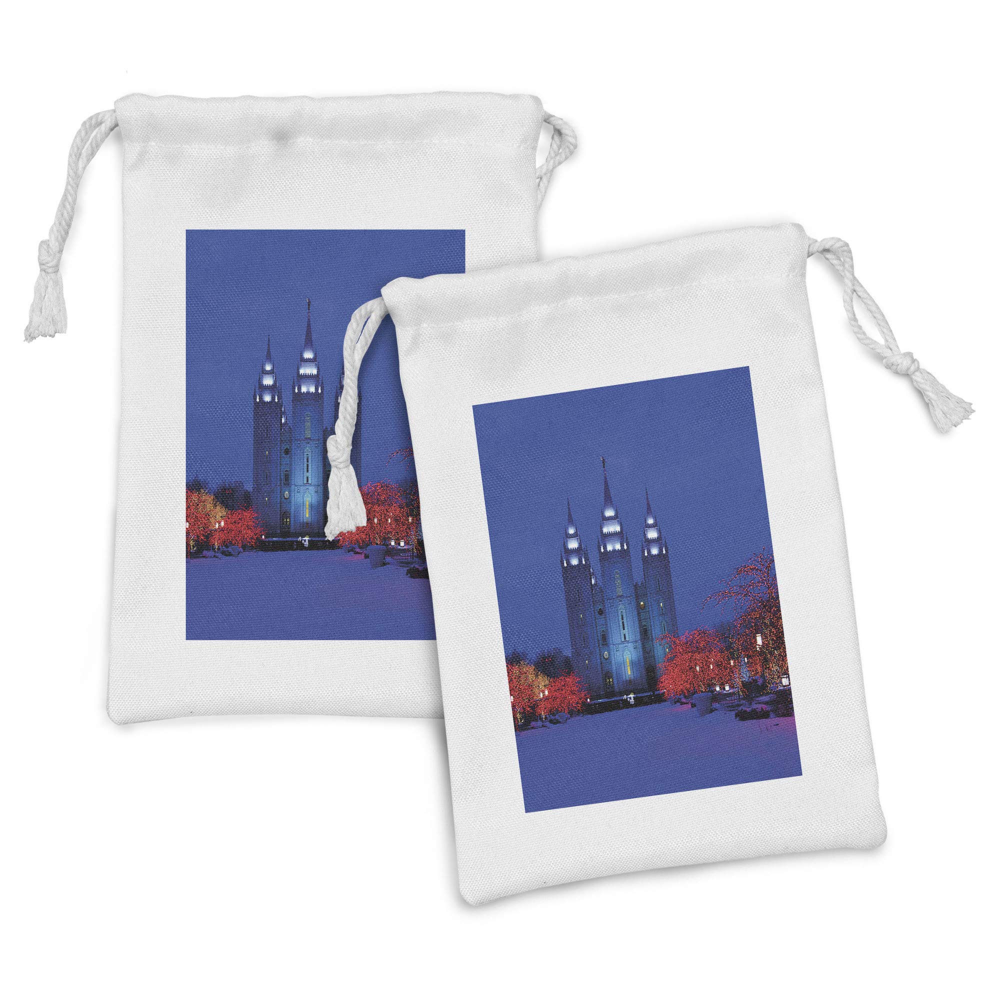 Ambesonne Winter Scenery Fabric Pouch Set of 2 - Christmas City Castle Landscape Drawstring Bags (9