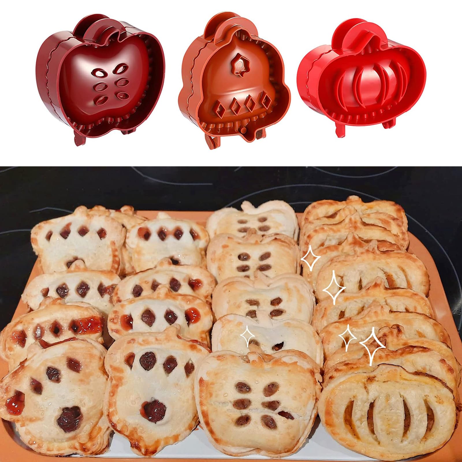 Mini Pie Molds Set of 3 - Dough Presser for Baking Hand Pies | Apple, Pumpkin & Acorn Shaped Pocket Pie Makers | Perfect for Party Potlucks, Holiday Baking & Homemade Desserts (Red)