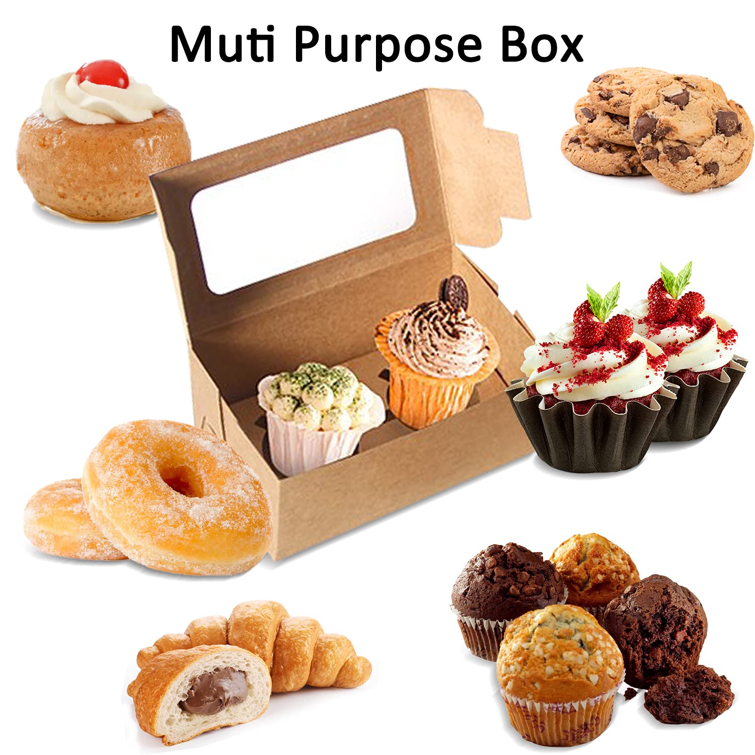 Premium Kraft Paper Cupcake Boxes with Clear Window & Inserts - Set of 15 | Bakery-Style Dessert Display Boxes for Cupcakes, Pastries, Cookies & Treats | Perfect for Parties, Weddings, Baby Showers & Gift Packaging