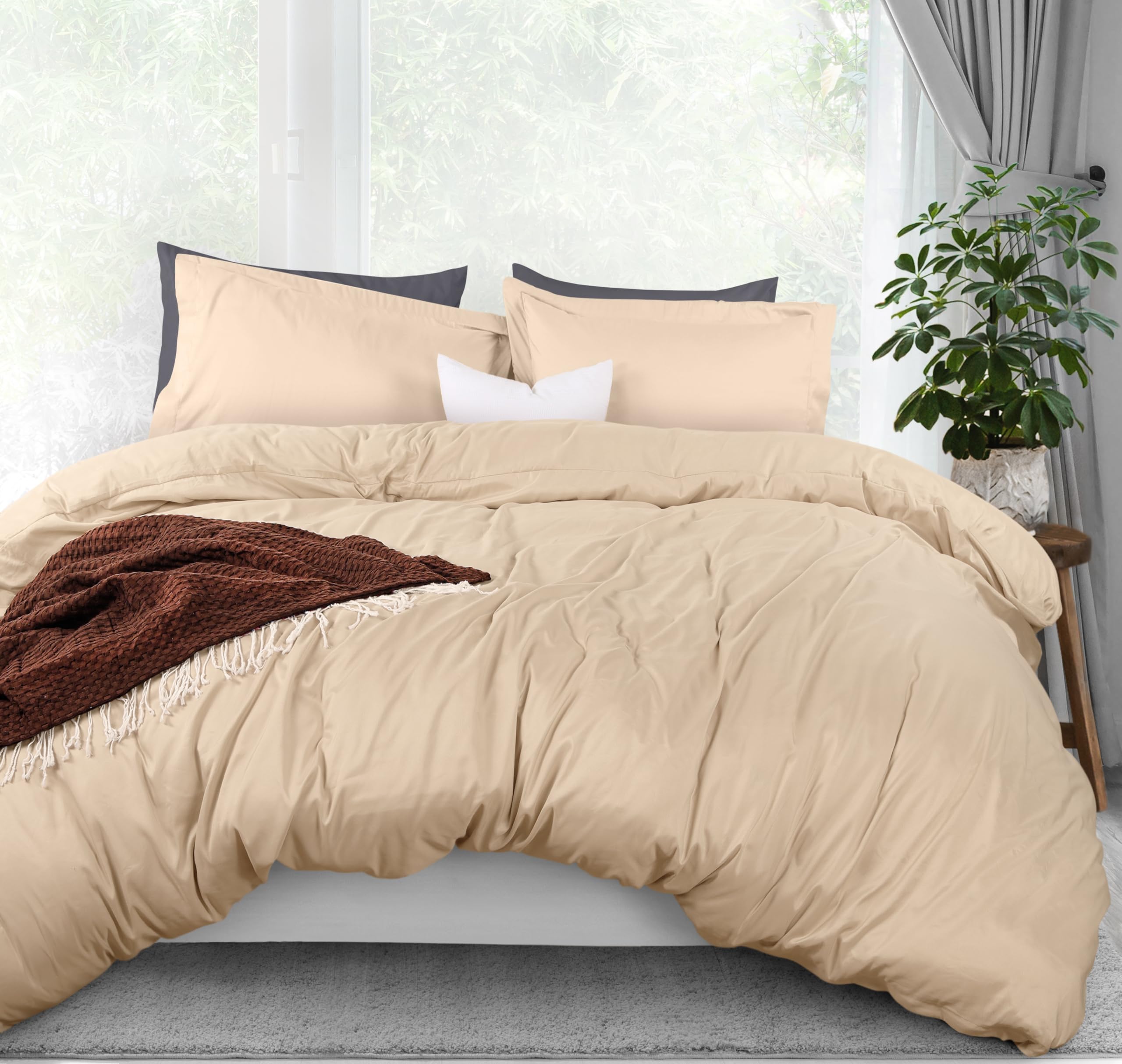 Utopia Bedding Queen Size Duvet Cover Set - 3 Piece Soft Brushed Microfiber Comforter Cover with Zipper Closure & 2 Pillow Shams (90x90 Inches, Beige) - Perfect for Cozy Bedroom, Guest Room & Hotel Stays