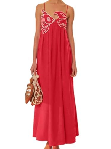 Elegant Koi Fish Print Spaghetti Strap Maxi Dress - Flowy Cami Summer Dress for Women in Vibrant Red | Perfect for Beach Vacations, Y2K Fashion, and Summer Parties