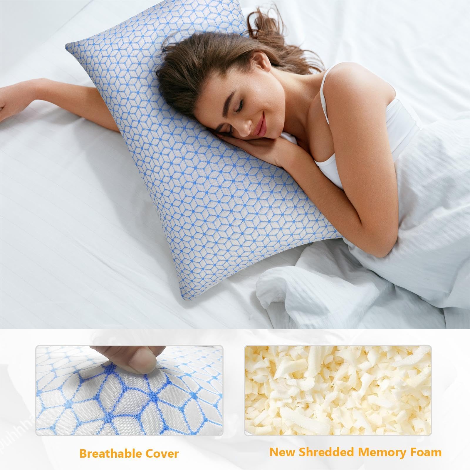 Cooling Queen Size Memory Foam Pillows Set of 2 - Adjustable Firm Support for Side, Back & Stomach Sleepers - Breathable Shredded Foam Bed Pillows for Hot Sleepers - Perfect for Home, Guest Room & Travel Use