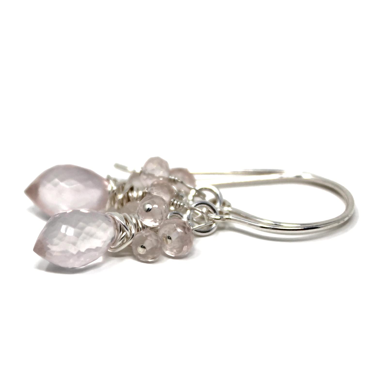 Handmade Rose Quartz Cluster Earrings - Sterling Silver 925 Hypoallergenic Jewelry for Women | Boho Chic Dangle Earrings for Date Night, Wedding & Special Occasions