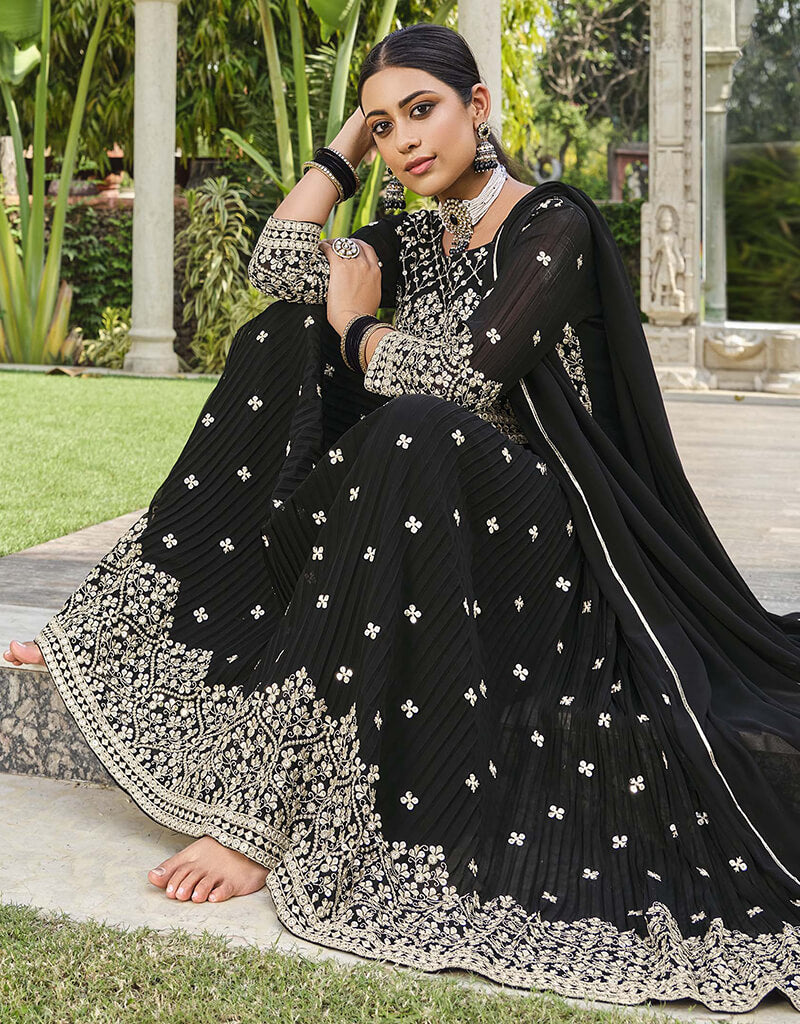Elegant Black Pure Faux Georgette Lehenga Suit for Women - Perfect for Weddings, Parties & Festive Occasions