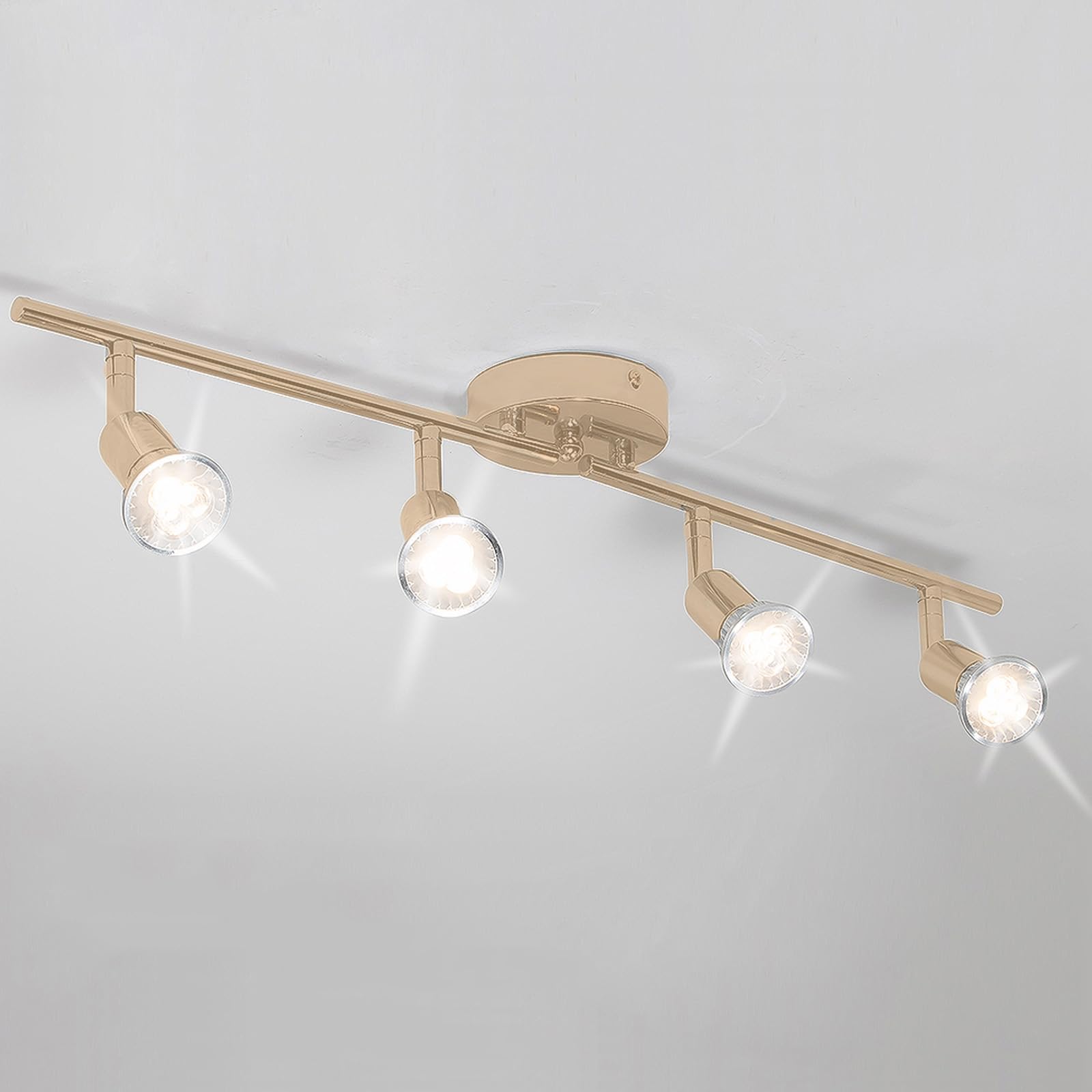 QCYUUI Modern 4-Light LED Track Lighting Kit - Adjustable Gold Spotlight Fixture with 4×GU10 Bulbs Included - Flush Mount Wall/Ceiling Lights for Kitchen, Living Room, Dining Area & Retail Spaces