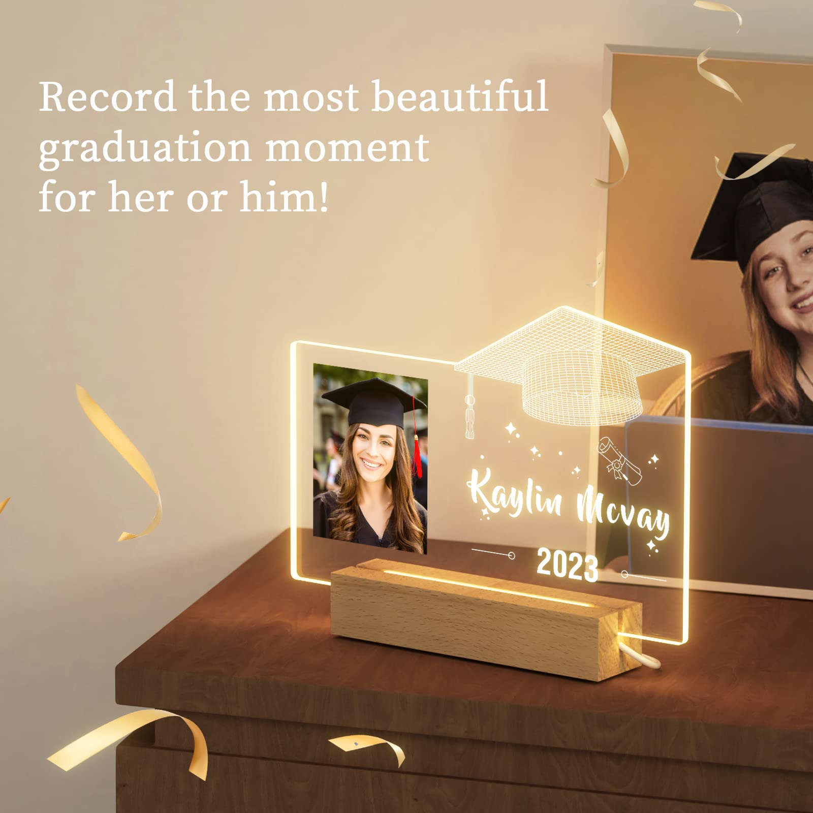 Personalized Graduation Night Light - Custom 3D Illusion Graduation Cap LED Lamp with Photo, Class of 2024 Gift for Him, Her, Son, Daughter, Grandkids | Perfect Graduation Party Decor, Dorm Room Lighting & Sentimental Keepsake