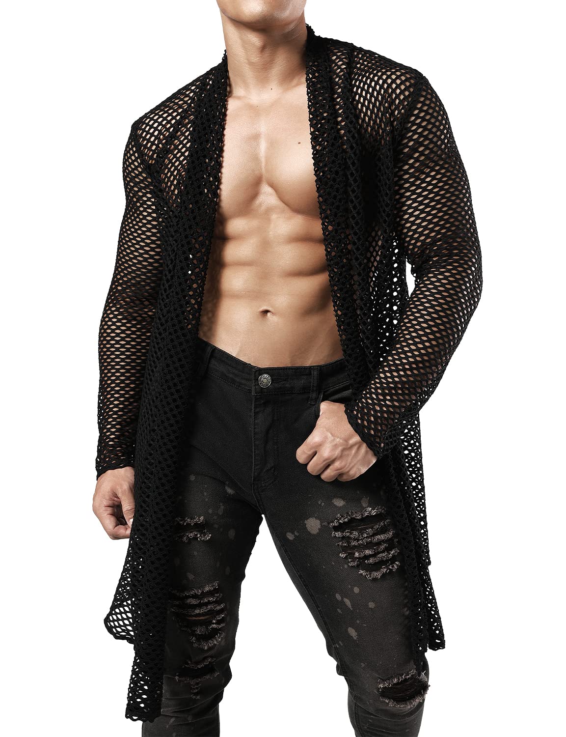 JOGAL Men's Mesh Fishnet Cardigan Fitted Muscle Top - Breathable Workout Shirt for Gym, Running & Streetwear Fashion