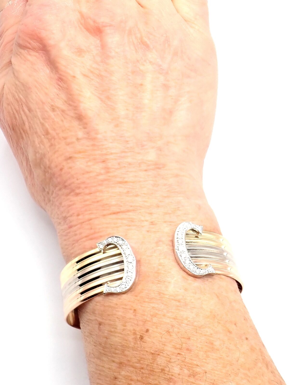 Authentic Cartier 18k Tri-Color Gold Diamond Double C Wide Cuff Bangle Bracelet - Luxury Jewelry for Women, Perfect for Weddings, Parties & Special Occasions