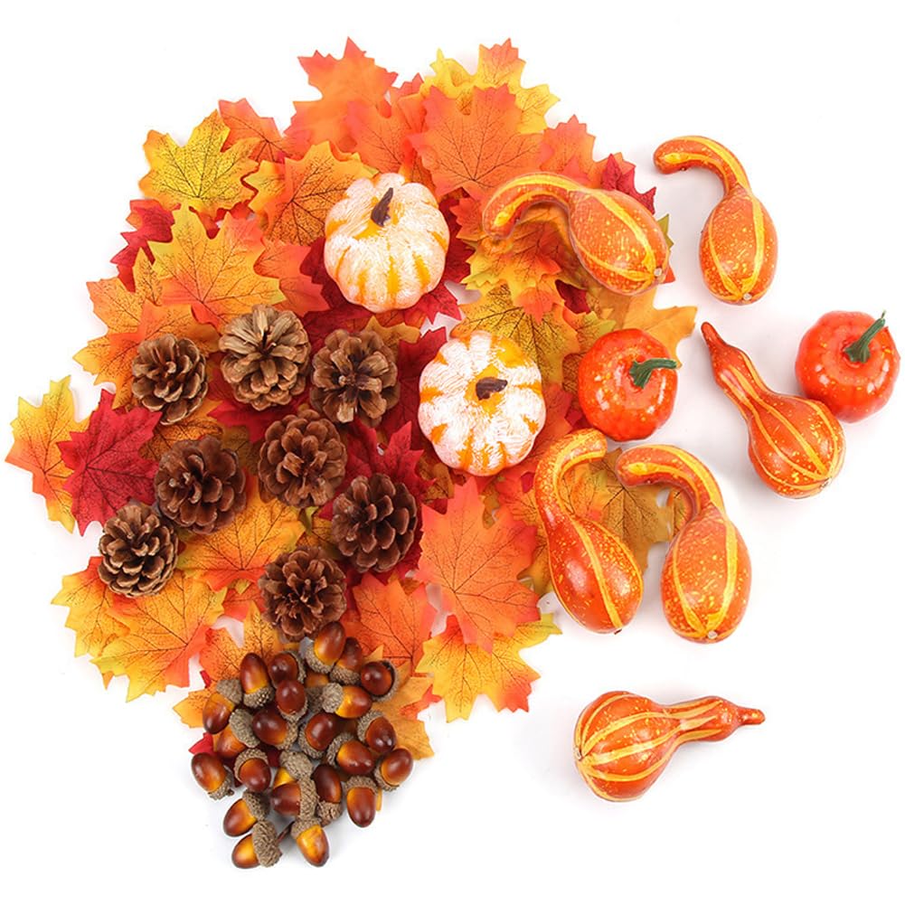 GARVEE 166Pcs Mini Foam Pumpkins Set - Realistic Artificial Fall Decor with Maple Leaves, Pine Cones & Acorns for Thanksgiving, Halloween, Autumn Table Centerpieces, Home and Party Decorations