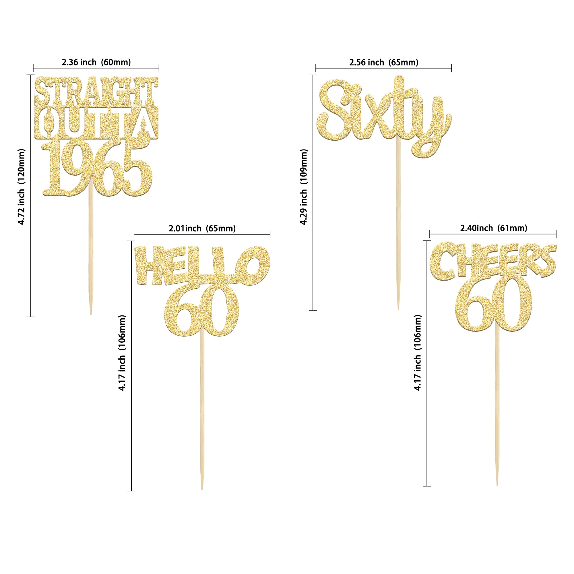 24 Pack Gold Glitter 60th Birthday Cupcake Toppers - Sixty Straight Outta 1965, Hello 60 Cake Decorations for Anniversary Parties, Cheers to 60 Years - Perfect for Milestone Celebrations & Retirement Parties