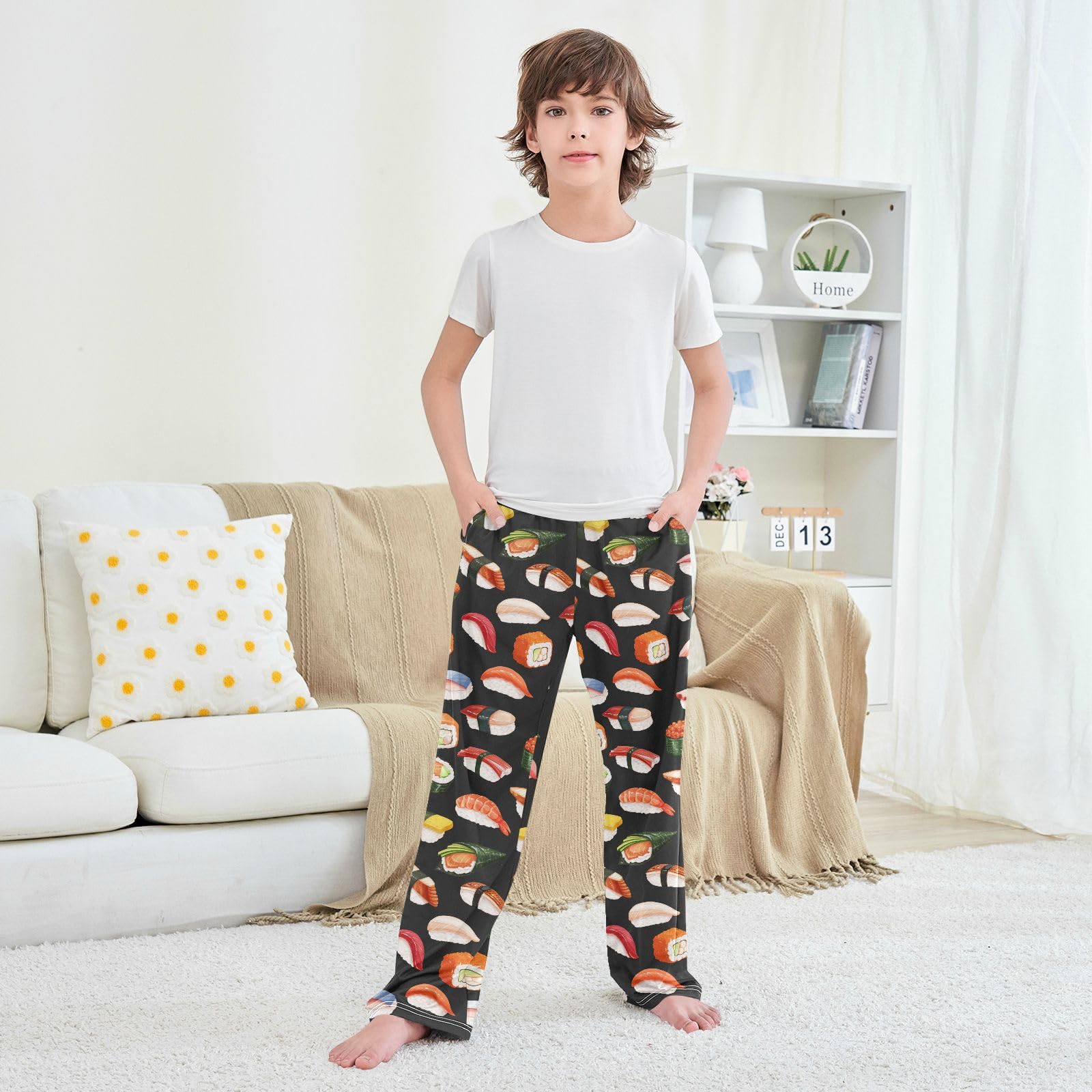 **Boys Cartoon Sushi Pajama Pants - Black Soft Sleep Pants with Elastic Waist & 2 Pockets - Comfortable Lounge Pajama Bottoms for Kids' Bedtime & Relaxation**