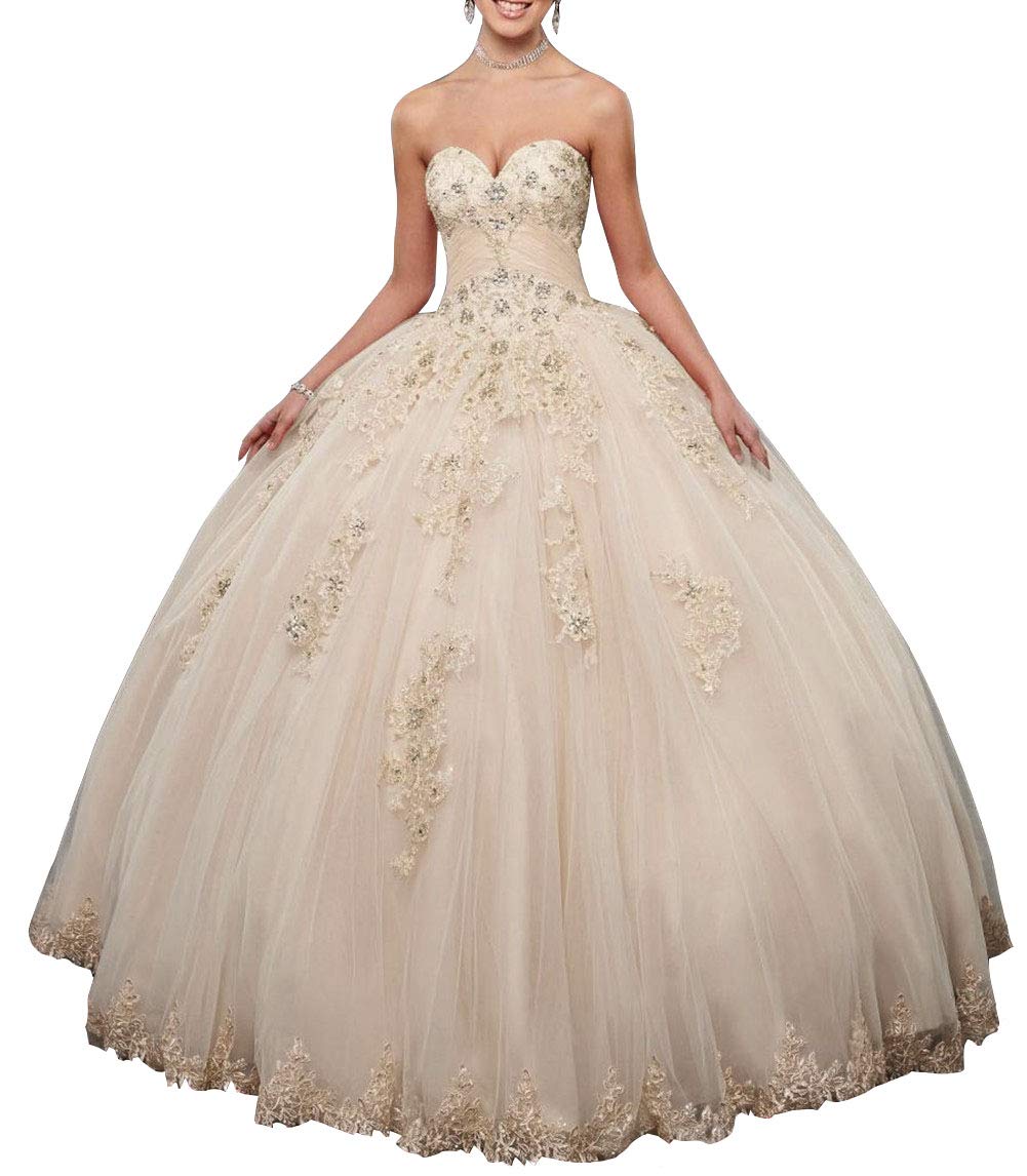Emanni Women's Sweetheart Quinceanera Dresses with Lace Appliques - Light Champagne Princess Prom Party Gowns for Quinceañera, Sweet 16, Homecoming & Formal Events