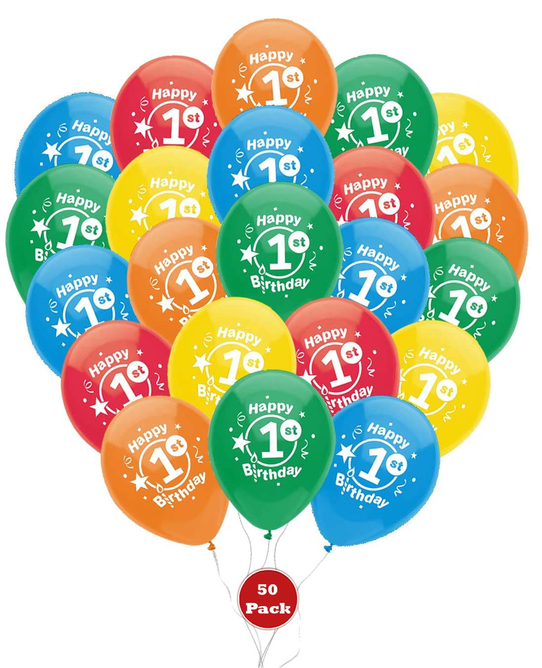 PMU Happy 1st Birthday Balloons - 12 Inch Latex Balloons (Assorted Colors, Pack of 50) - Perfect for Birthday Parties, Baby Showers & Celebrations