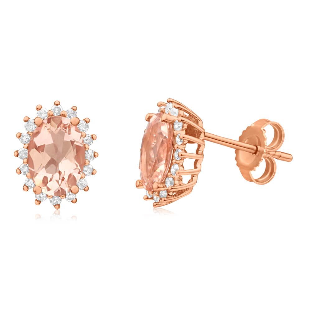 9ct Rose Gold Diamond & 7x5mm Morganite Cluster Stud Earrings for Women - Elegant Bridal Jewelry, Anniversary Gift, Valentine's Day Present