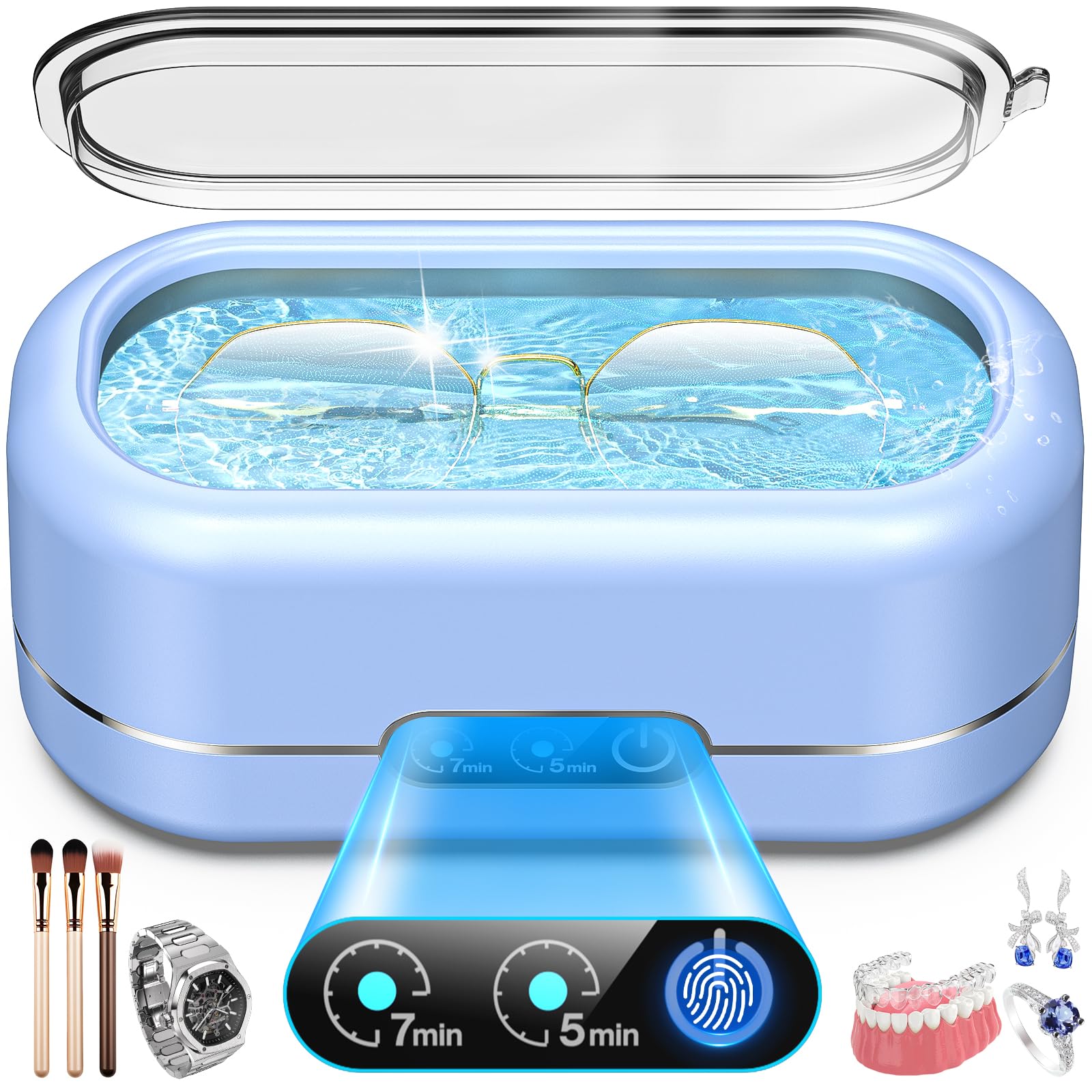 Professional 50KHz Ultrasonic Jewelry Cleaner with Digital Timer - 304 Stainless Steel Cleaning Machine for Jewelry, Eyeglasses, Rings, Watches & Dentures | Perfect for Home, Salon & Dental Care (Blue)