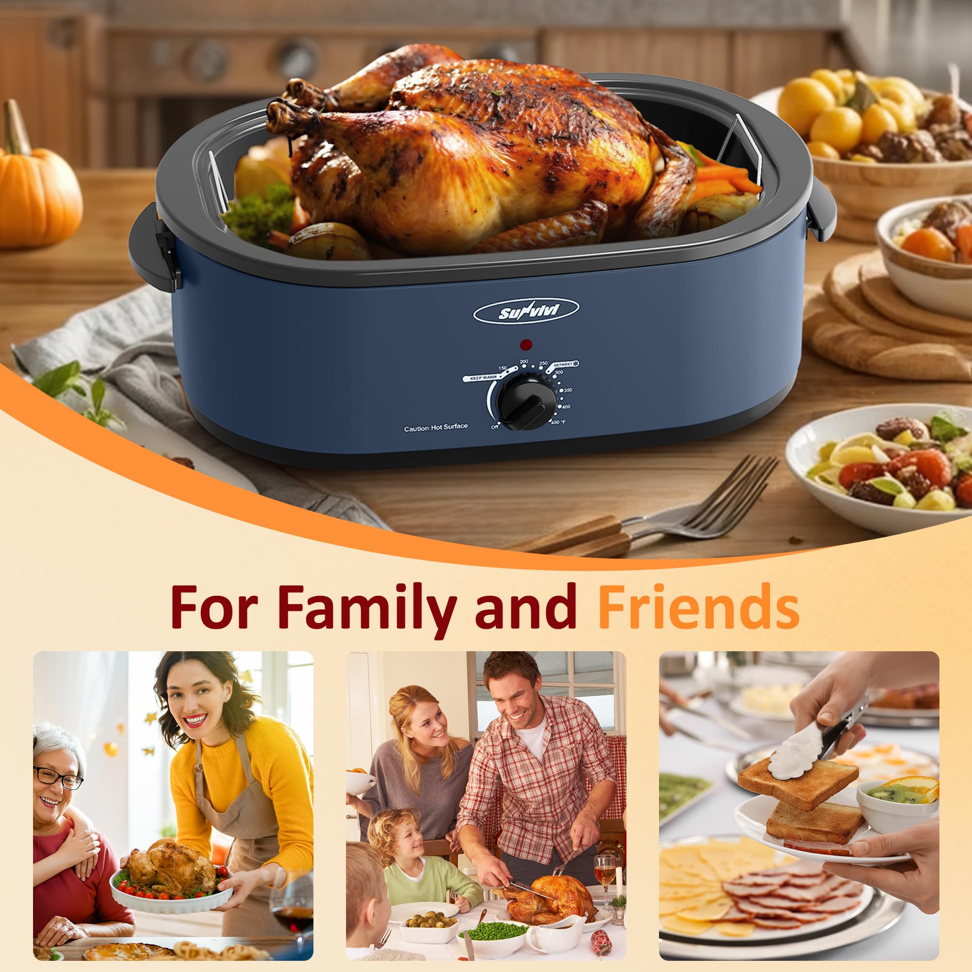 Sunvivi 18 Quart Electric Roaster Oven with Self-Basting Lid & Removable Pan - Large Turkey Roaster with Adjustable Temperature (150-450°F) & Cool-Touch Handles - Perfect for Holiday Cooking, Family Gatherings & Outdoor Events - Blue