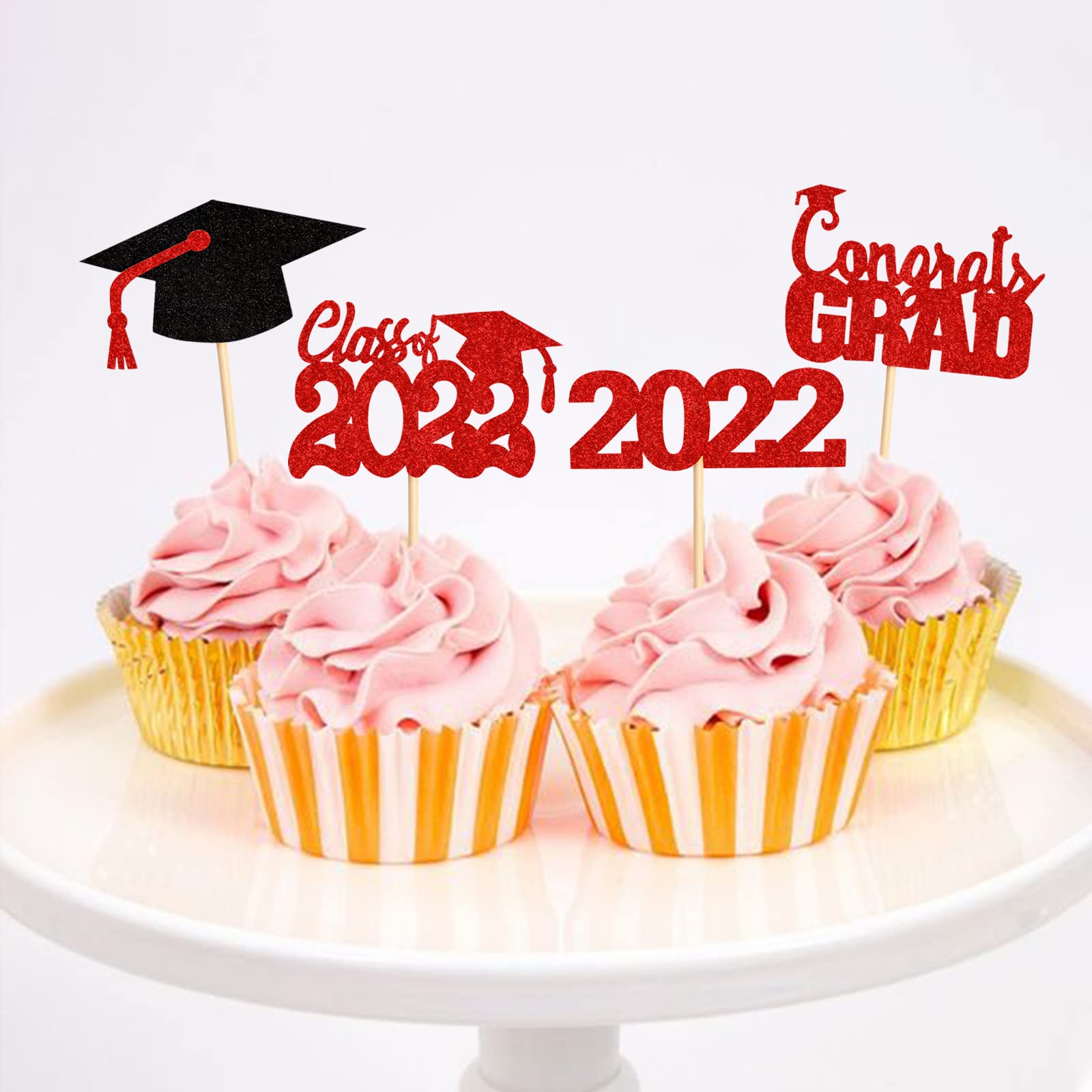 24 Pack Class of 2022 Graduation Cupcake Toppers - Congrats Grad Cake Decorations, Red Food Picks for Graduation Party Supplies (Perfect for High School & College Graduation Celebrations)
