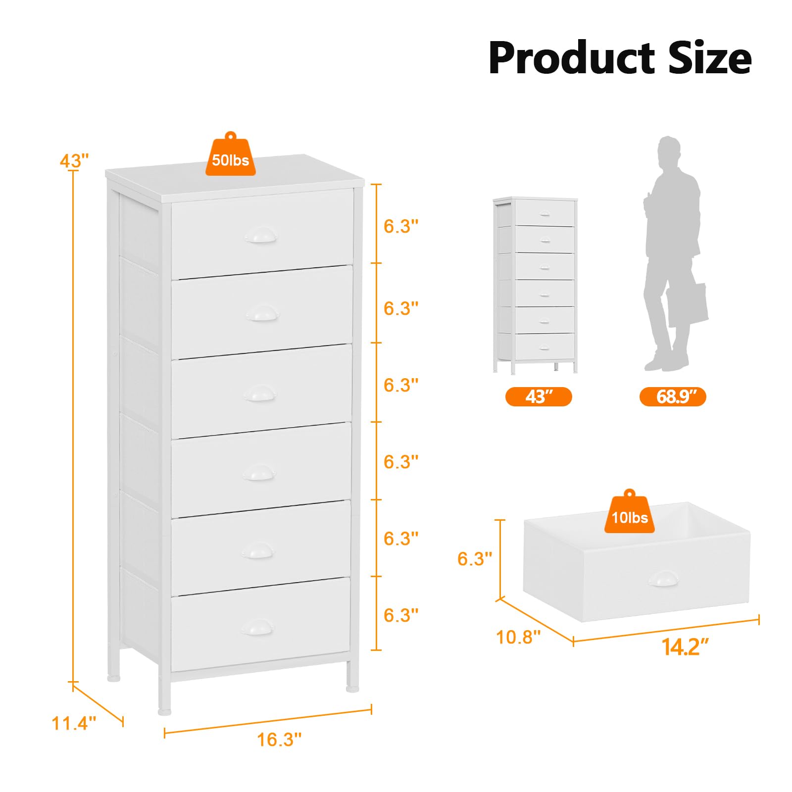 Furnulem White Tall Dresser for Bedroom - 6-Drawer Vertical Storage Tower & Nightstand with Fabric Organizer | Perfect for Bedroom, Living Room, Closet, Entryway & Hallway Organization