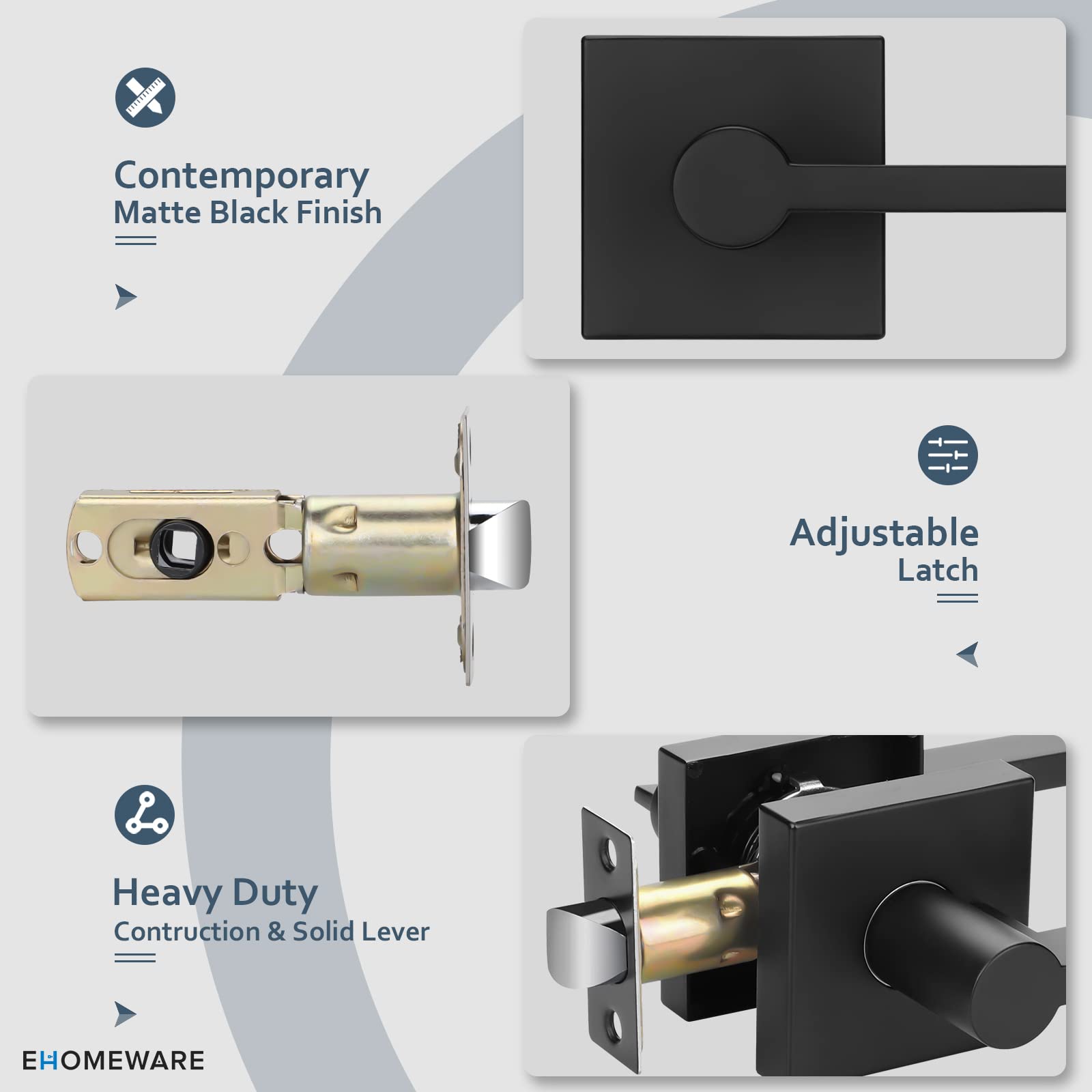 EHOMEWARE 5-Pack Matte Black Door Handles - Heavy Duty Interior Door Knobs with Keyless Design for Hallway, Closet & Bedroom - Modern Matte Black Door Levers for Home & Office Use