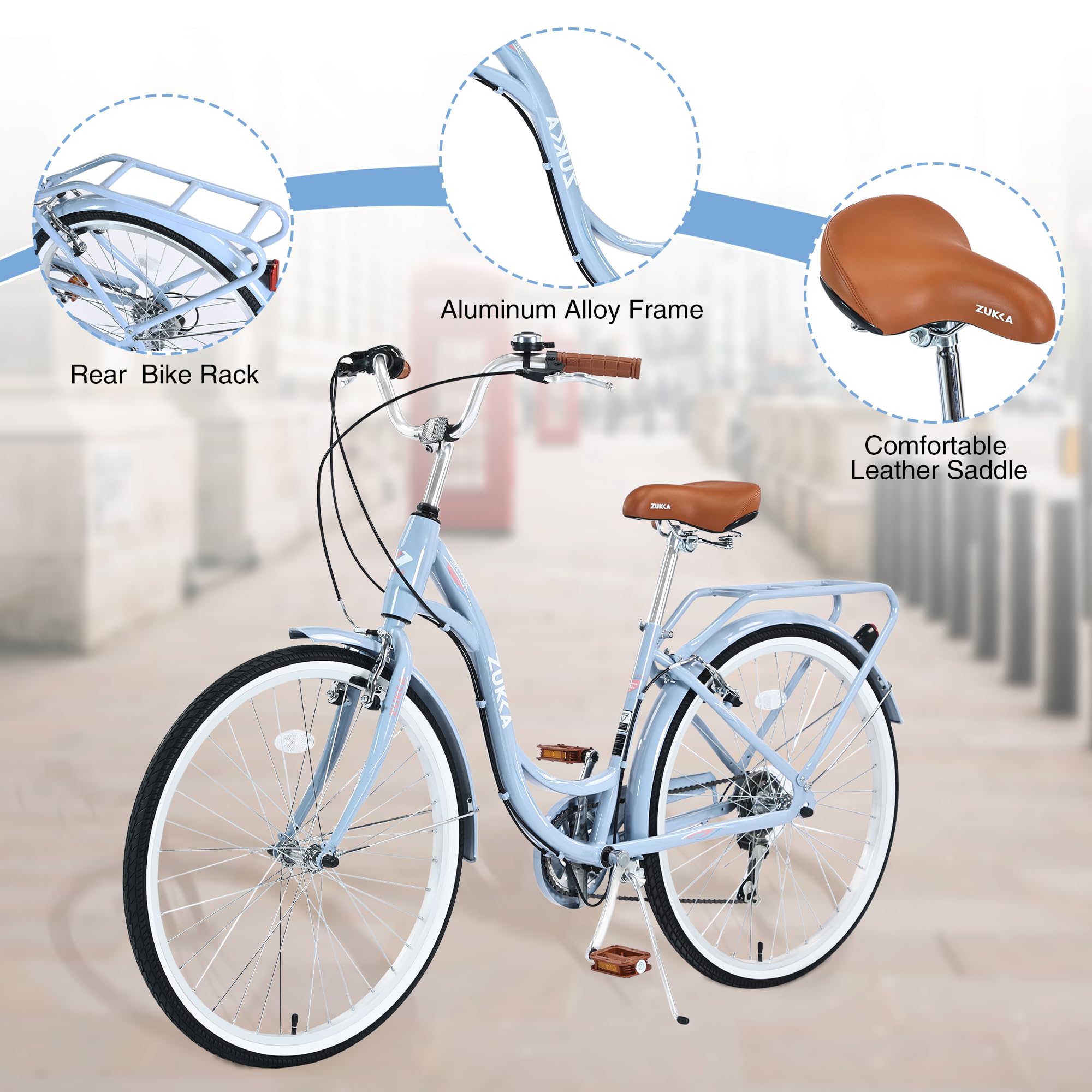 ZUKKA 24/26 Inch Women's Beach Cruiser Bike - 7 Speed City Bicycle with Dual V-Brakes & Adjustable Seat - Comfortable Commuter Bike for Women & Men in Multiple Colors - Perfect for Beach Rides, City Commuting & Leisure Cycling
