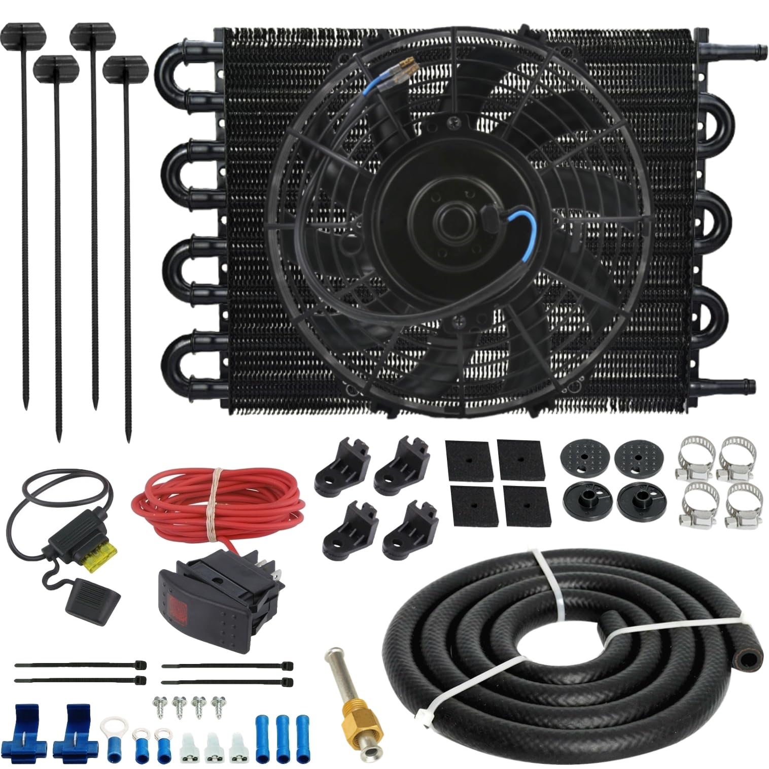 8 Row Automatic Transmission Oil Cooler with 9 Inch Electric Fan & Rocker Switch Wiring Kit - Perfect for Off-Road Trucks, Racing Cars & High-Performance Vehicles