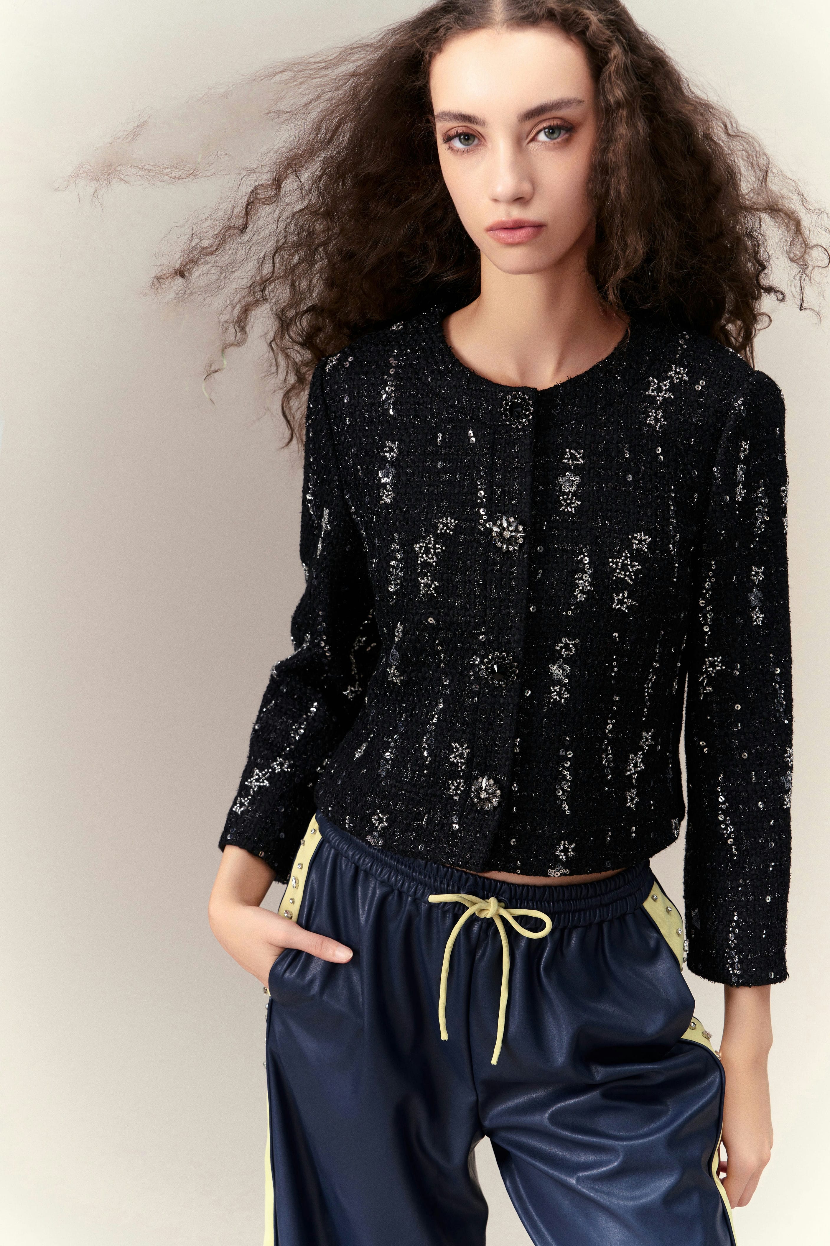 Meteor Shower Embellished Cropped Tweed Jacket for Women - Stylish Blazer for Office, Party & Date Night Outfits