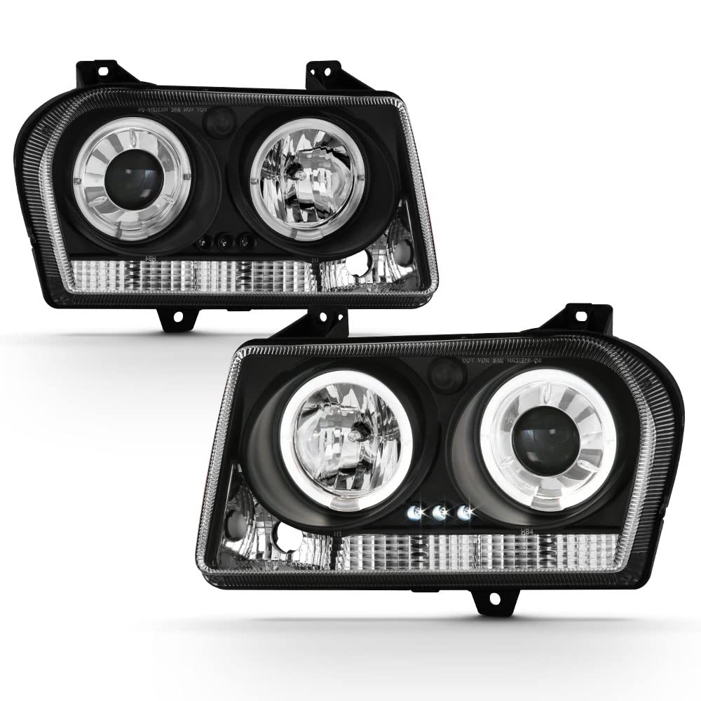 ACANII LED Halo Ring Black Housing Projector Headlights for 2005-2007 Chrysler 300 - Driver & Passenger Side - Upgrade Your Car's Style & Night Visibility for City Driving and Road Trips