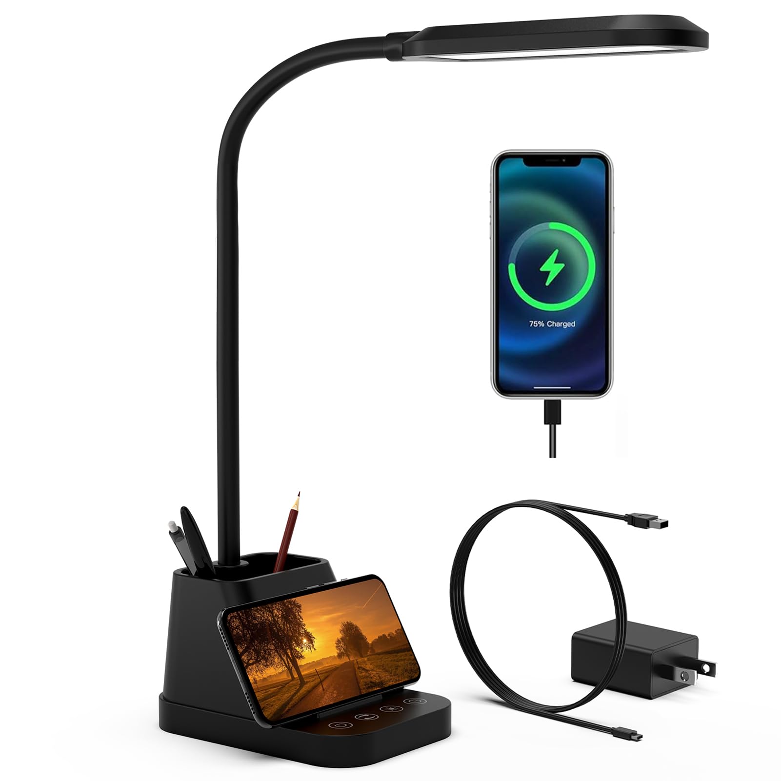 AXX LED Desk Lamp with USB Charging Port - Adjustable Gooseneck Study Light for Home Office, Bedroom & College Dorm - 650LM Brightness, Timer Function, Pen Holder - Perfect for Reading, Working & Studying (Black)