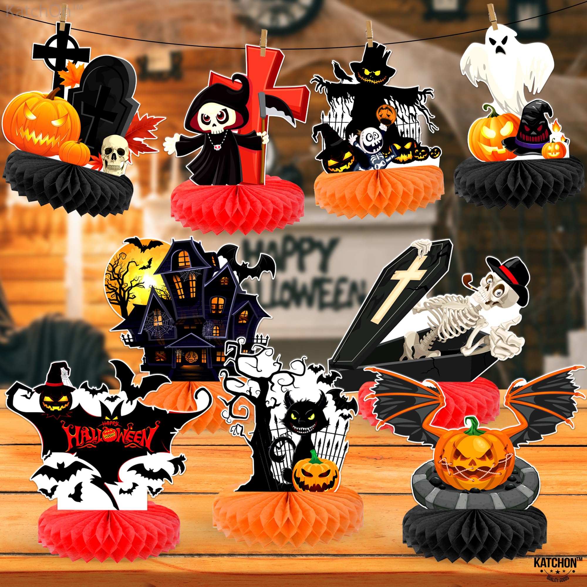 Spooky Halloween Table Decorations - Pack of 9 Haunted Ghost, Pumpkin & Cat Honeycomb Centerpieces for Halloween Party Decor | Perfect for Halloween Dinner, Haunted House & Spooky Party Decorations