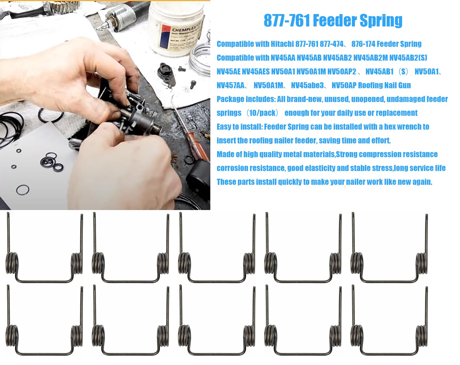 10-Pack 877-761 Feeder Springs Compatible with Hitachi NV45AA NV45AB NV45AB2(S) NV45AE N NV50AP2 NV45AB2 NV50A1 NV50AP Coil Roofing Nailers - Replacement Parts for Roofing & Construction Tools