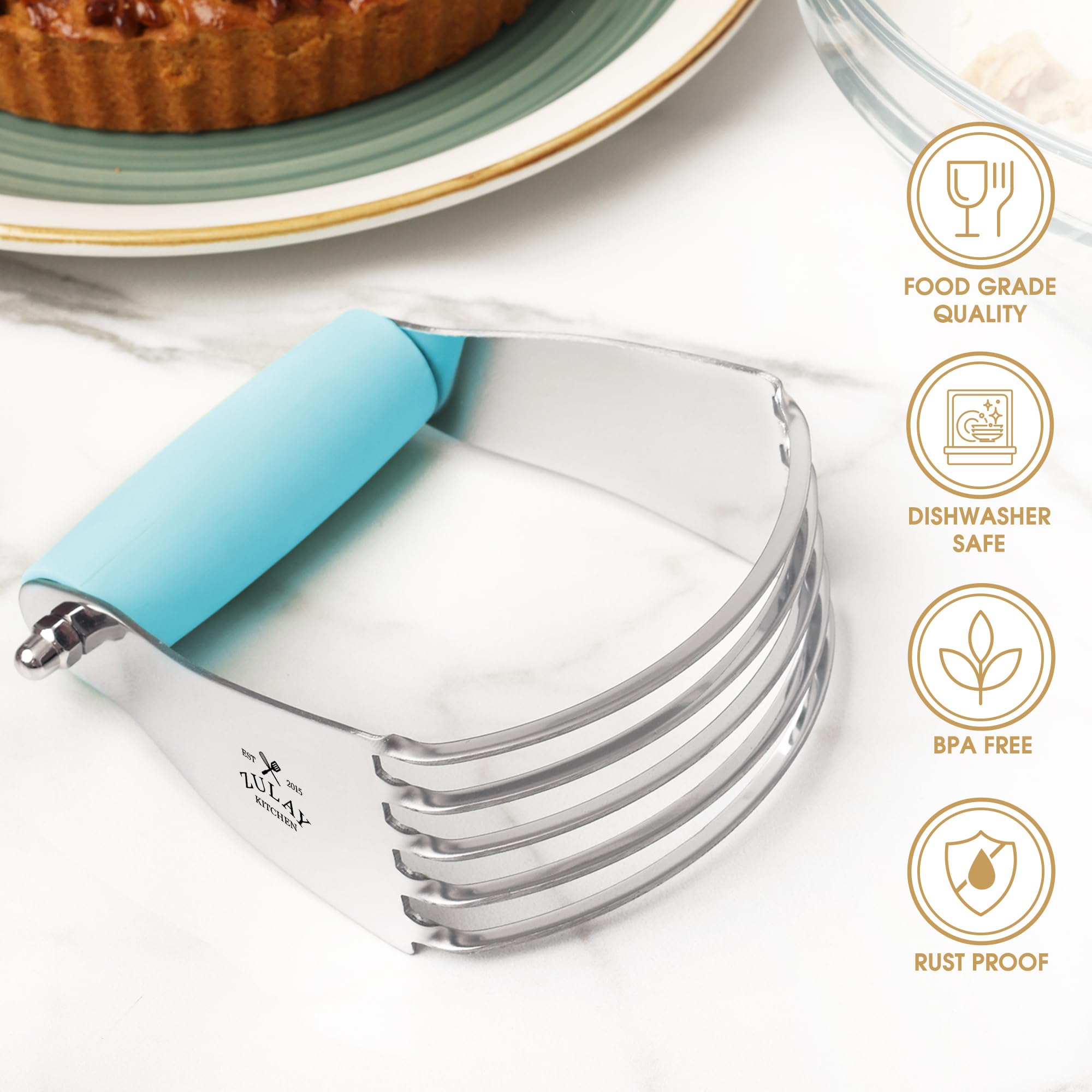 Zulay Kitchen Professional Stainless Steel Dough Blender - Heavy Duty Pastry Cutter with Sharp Blades for Baking Pies, Cookies & Pastries | Perfect for Home Bakers & Professional Chefs (Blue)